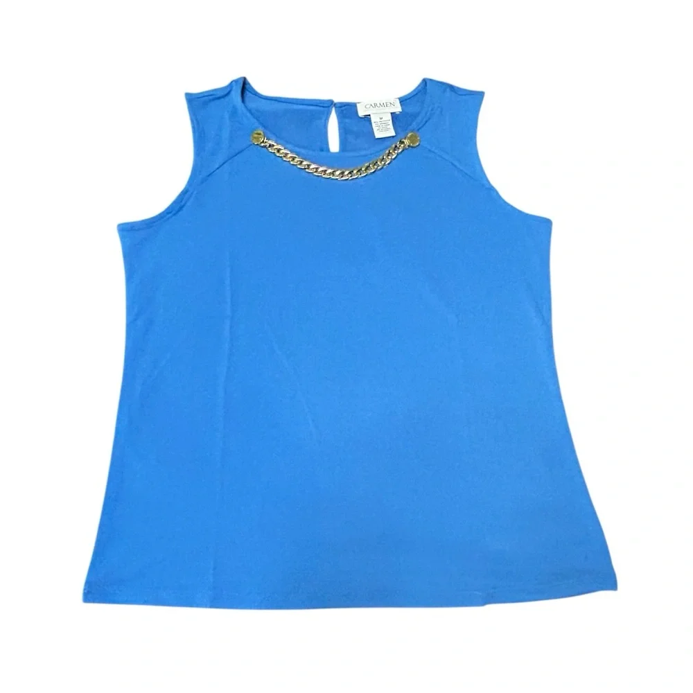 Carmen Marc Valvo Blue Tank with Gold Chain Accent Sleeveless Blouse Sz Medium - Picture 8 of 9